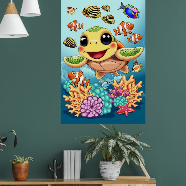 Sea Turtle Baby Lycklig och Cute Character Poster (Vardagsrum 1)