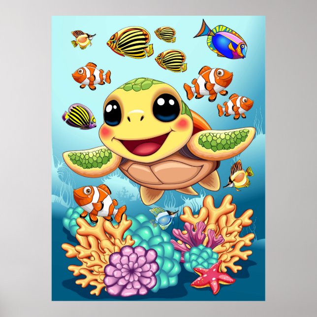 Sea Turtle Baby Lycklig och Cute Character Poster (Framsidan)