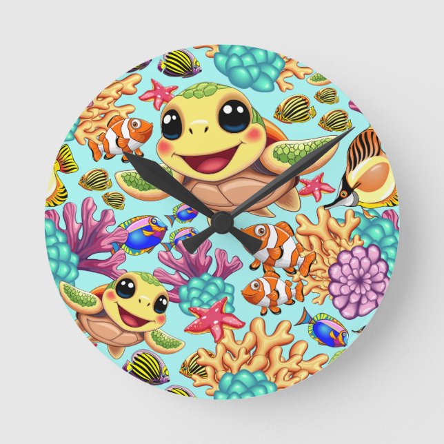 Sea Turtle Baby Lycklig och Cute Character Rund Klocka (Framsida)