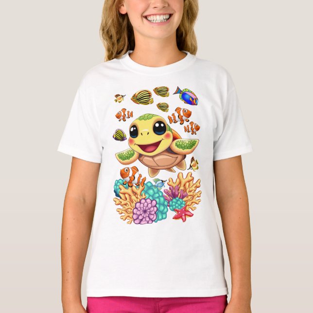Sea Turtle Baby Lycklig och Cute Character T Shirt (Framsida)