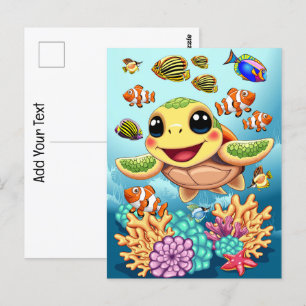 Sea Turtle Baby Lycklig och Cute Character Vykort