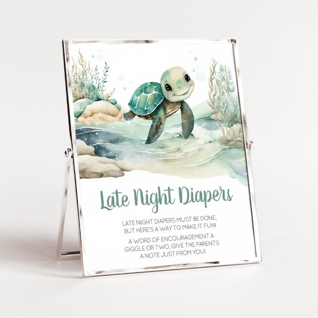 Sea Turtle Baby Shower Late Late Nght Diaper Poster (A Little Hatching Is On the Way Baby Shower Late Night Diapers Sign)