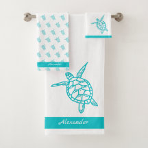 Sea Turtle Bathroom Teal White Nautical Bath Towel