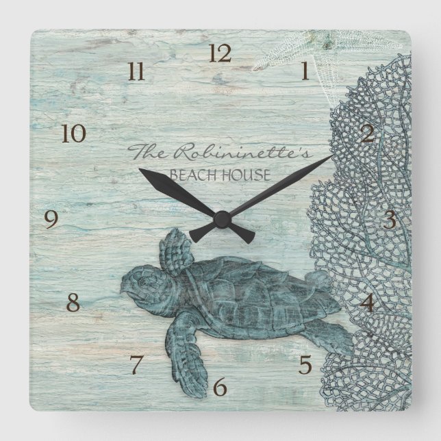 Sea Turtle Beach House Driftwood Coastal Seashore Fyrkantig Klocka (Framsida)