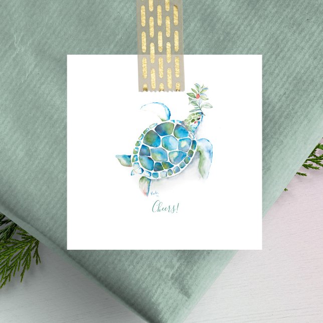 Sea Turtle Beachy Mini jul Anteckningskort (Sea turtle Christmas note cards  watercolor art by Victoria Grigaliunas)