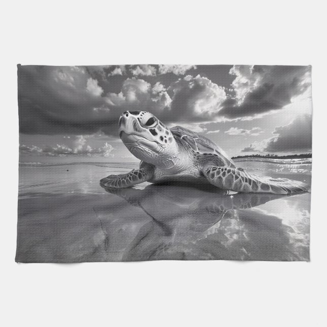 Sea Turtle Black and White Art Art Kökshandduk (Horisontell)