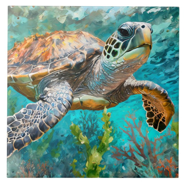 Sea Turtle Blue Grönt Sjögräs och Coral Kakelplatta (Framsidan)
