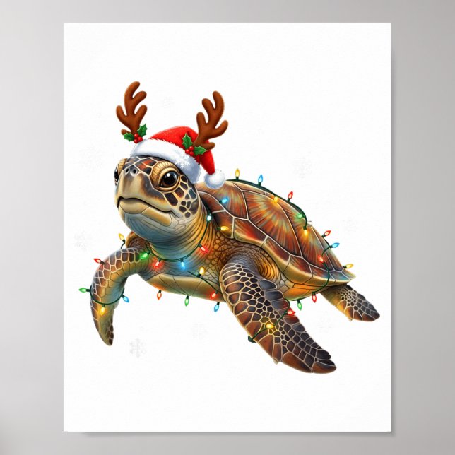 Sea Turtle Christmas Lights Funny Santa Hat Men Wo Poster (Framsidan)