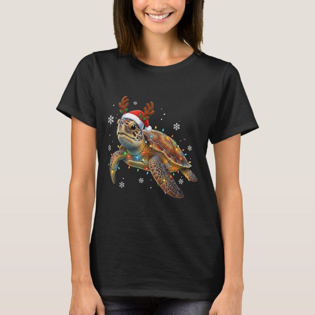 Sea Turtle Christmas Lights Funny Santa Hat Men Wo T Shirt (Framsida)