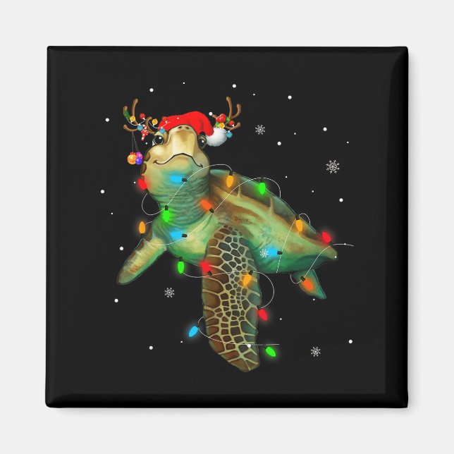 Sea Turtle Christmas Lights Funny Santa Hat Merry  Magnet (Framsidan)