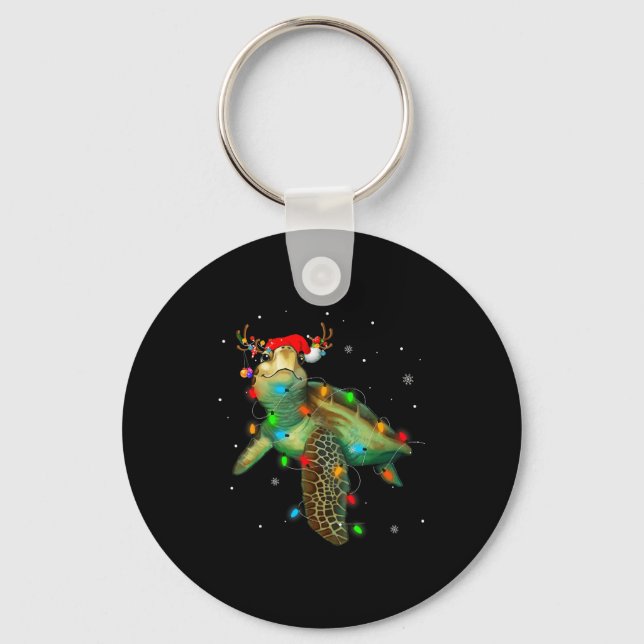 Sea Turtle Christmas Lights Funny Santa Hat Merry  Nyckelring (Framsida)