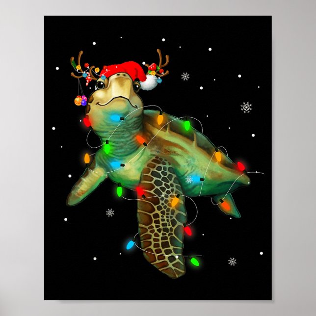 Sea Turtle Christmas Lights Funny Santa Hat Merry  Poster (Framsidan)