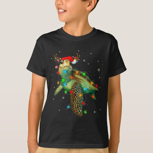 Sea Turtle Christmas Lights Funny Santa Hat Merry  T Shirt (Framsida)