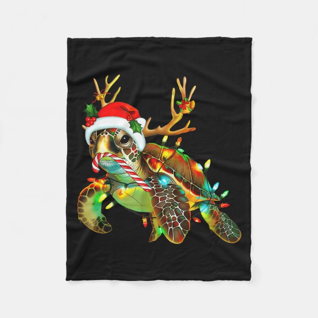 Sea Turtle Christmas Lights Santa Hat Merry Christ Fleecefilt (Framsidan)