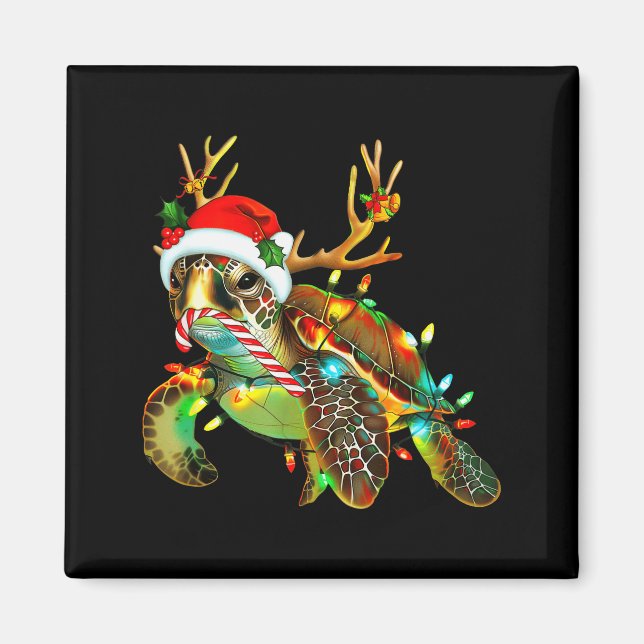 Sea Turtle Christmas Lights Santa Hat Merry Christ Magnet (Framsidan)