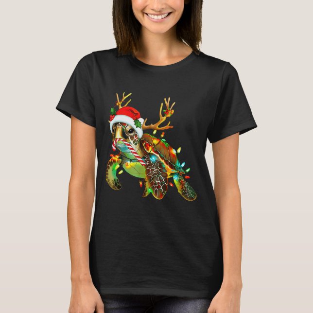 Sea Turtle Christmas Lights Santa Hat Merry Christ T Shirt (Framsida)