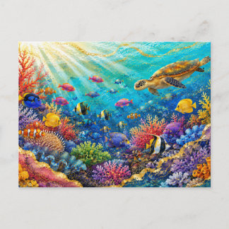Sea Turtle Colorful Coral Reef & Tropical Fish Vykort