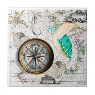 Sea Turtle Compass Vintage Kakelplatta