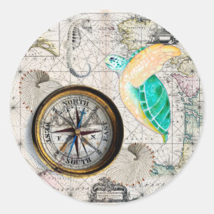 Sea Turtle Compass Vintage Runt Klistermärke