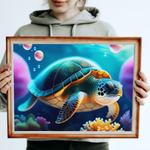 Sea Turtle & Coral Digital Art Print Poster