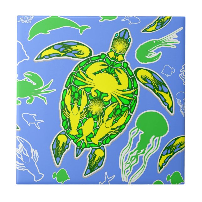 Sea Turtle Coral Reef Marine Life Symbol Kakelplatta (Framsidan)