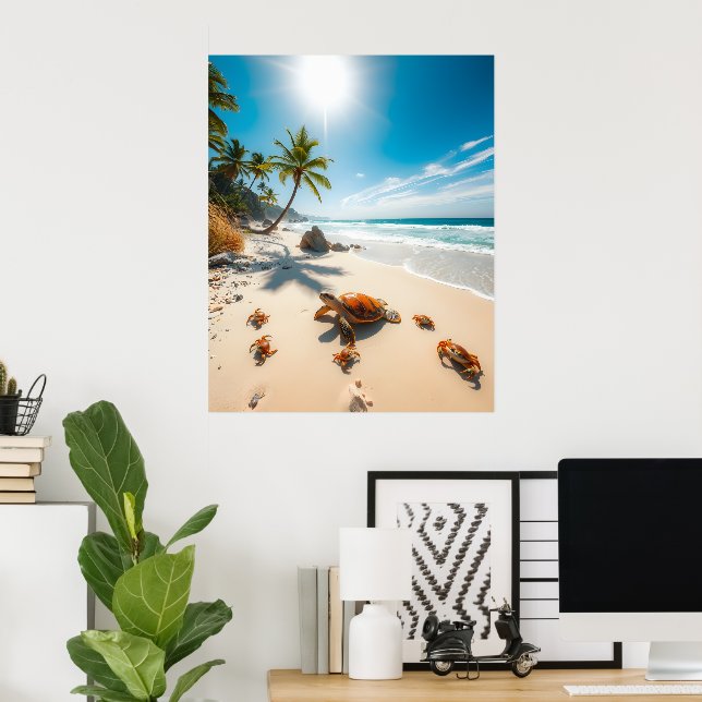 Sea Turtle & Crabs on Tropical Beach – Serene Ocea Poster (Hemmakontoret)