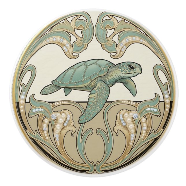 Sea Turtle Green Cream & Gold Art Deco Nouveau Knopp (Framsidan)