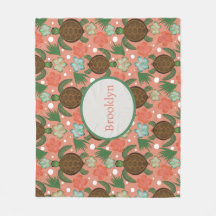 Sea Turtle & Hibiscus Coral Rosa Blommigt