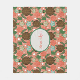 Sea Turtle & Hibiscus Coral Rosa Blommigt Fleecefilt