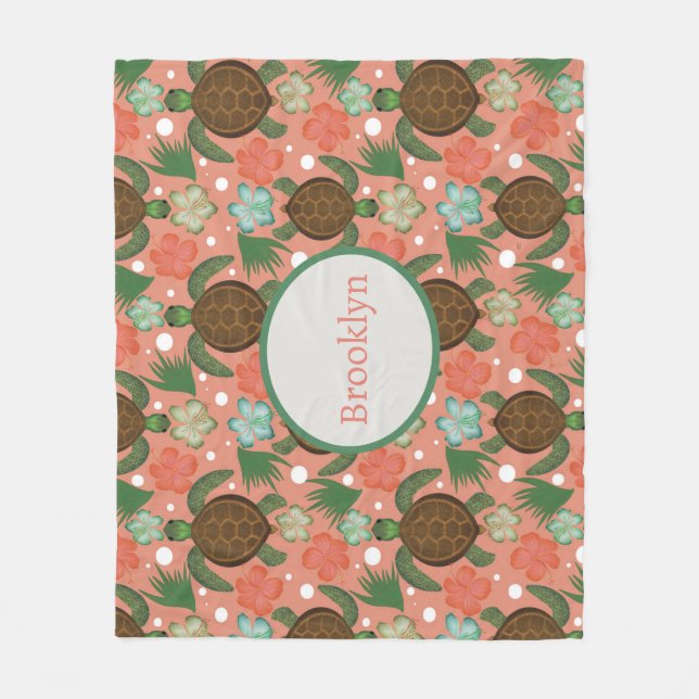 Sea Turtle & Hibiscus Coral Rosa Blommigt Fleecefilt (Framsidan)