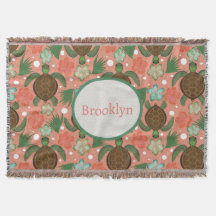 Sea Turtle & Hibiscus Coral Rosa Blommigt Nursery