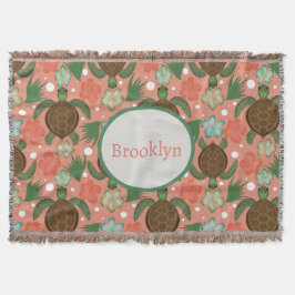 Sea Turtle & Hibiscus Coral Rosa Blommigt Nursery Filt