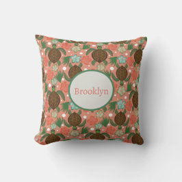 Sea Turtle & Hibiscus Coral Rosa Blommigt Nursery Kudde