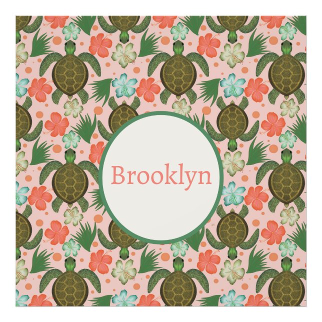 Sea Turtle & Hibiscus Rosa Blommigt Nursery Fototryck (Framsidan)