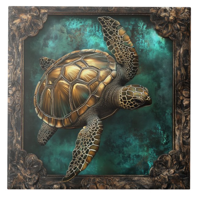 Sea Turtle i Ornate Ram Kakelplatta (Framsidan)