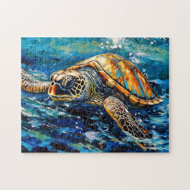 Sea Turtle in Expressive Oil Brushwork Pussel (Horisontell)