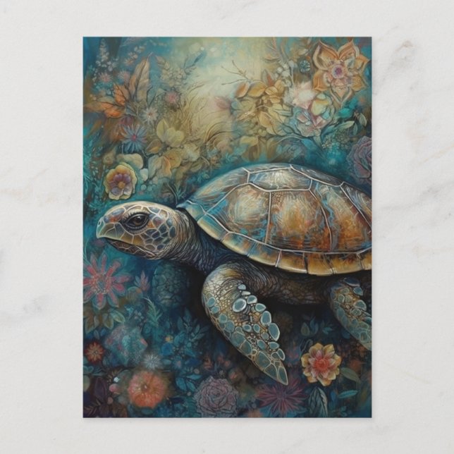 Sea Turtle in Flowers Vykort (Framsida)