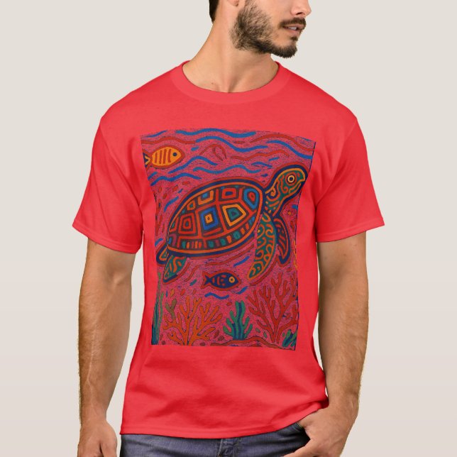 Sea Turtle Inspired by Mola Artwork of Panama Kuna T Shirt (Framsida)