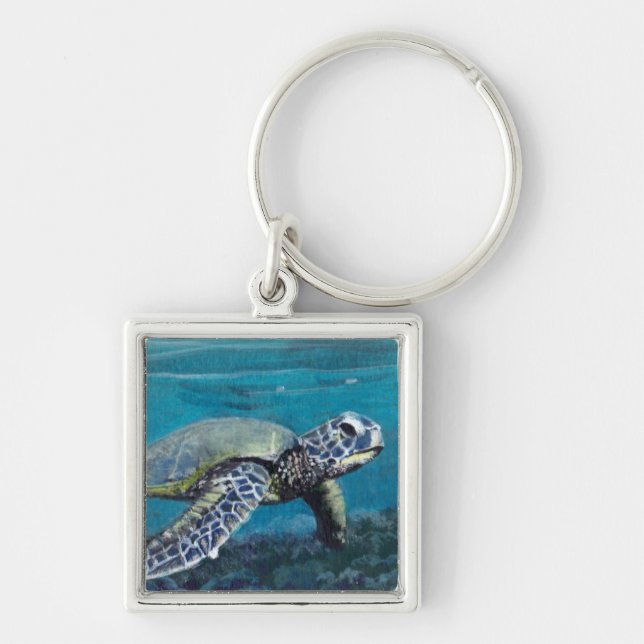 Sea Turtle Keychain Fyrkantig Silverfärgad Nyckelring (Framsidan)