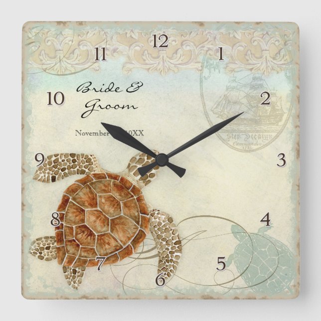 Sea Turtle Modern Coastal Ocean Beach Swirls Stil Fyrkantig Klocka (Framsida)