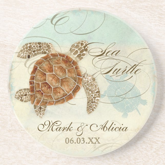 Sea Turtle Modern Coastal Ocean Beach Swirls Stil Underlägg Sandsten (Framsidan)
