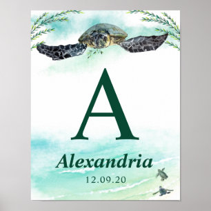 Sea Turtle Monogram Namn Birthdate Nursery Poster