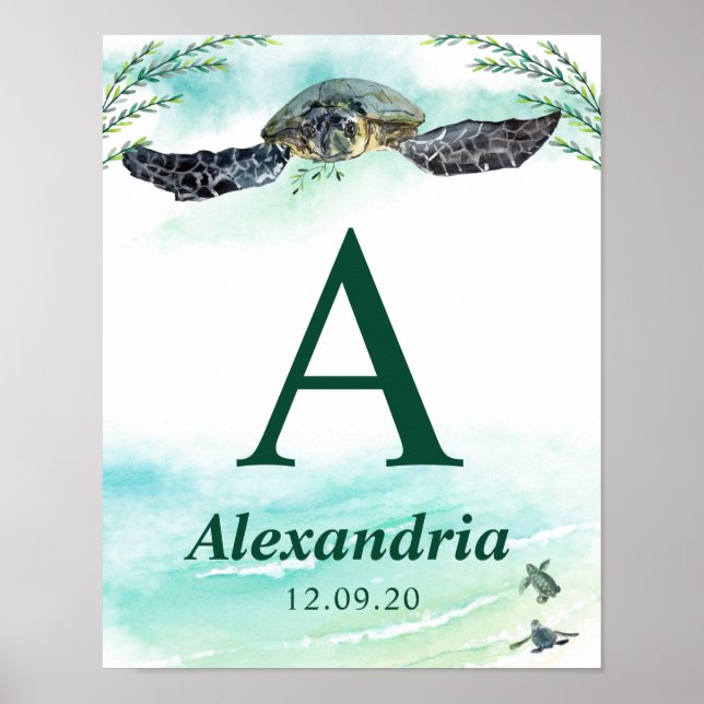 Sea Turtle Monogram Namn Birthdate Nursery Poster (Framsidan)