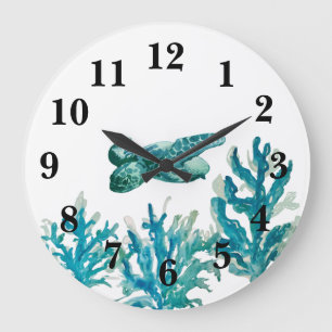 Sea Turtle Nautical Blue Coral Reef Decor Stor Klocka