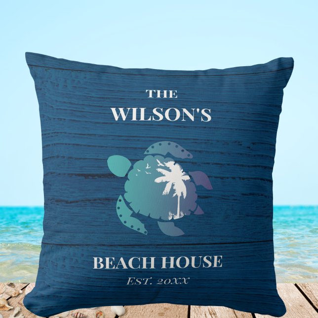 Sea Turtle Navy Blue Wood Family Namn Beach House Kudde (Skapare uppladdad)