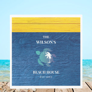 Sea Turtle Navy Blue Wood Family Namn Beach House Pappersservett