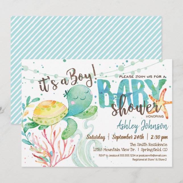 Sea Turtle, Ocean Baby Shower-inbjudan, Boy Inbjudningar (Fram/baksida)