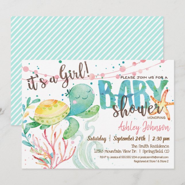 Sea Turtle Ocean Baby Shower-inbjudan, flicka Inbjudningar (Fram/baksida)