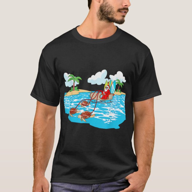 Sea Turtle Sleigh Santa Beach Surfboard jul T Shirt (Framsida)