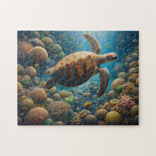 Sea Turtle Swimming Around Coral Pussel (Horisontell)